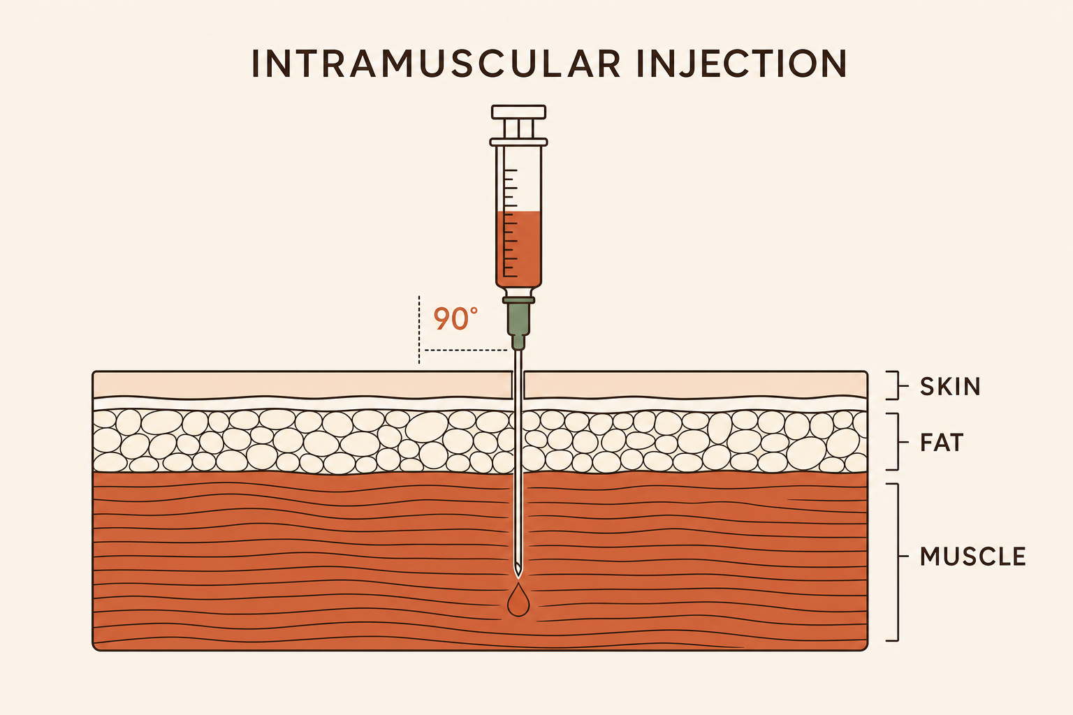 Cross-section showing a needle entering muscle at 90 degrees, below the fat layer