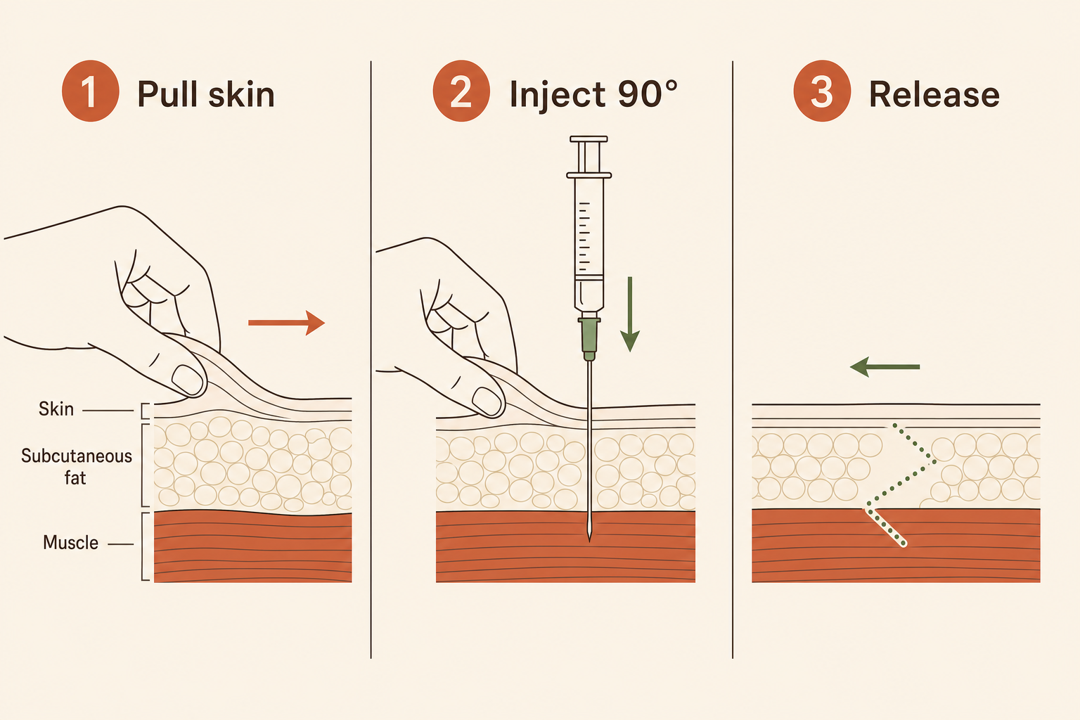 Illustration of the Z-track technique, skin pulled to one side before injection